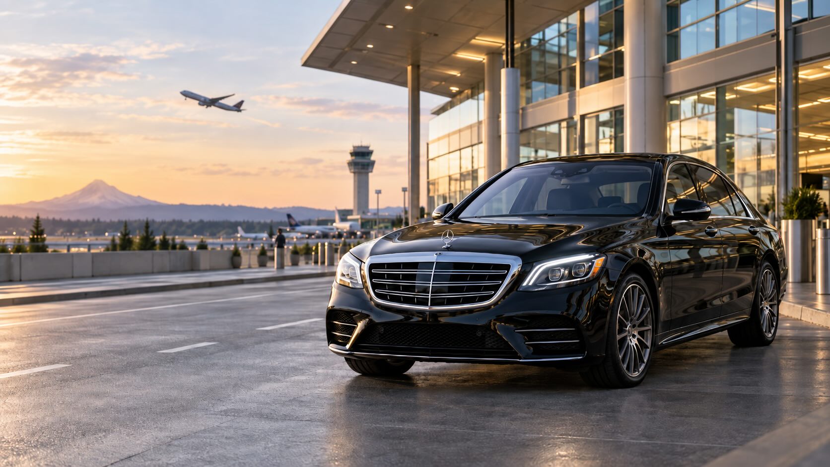 Luxury chauffeured vehicle providing private transportation at Portland International Airport
